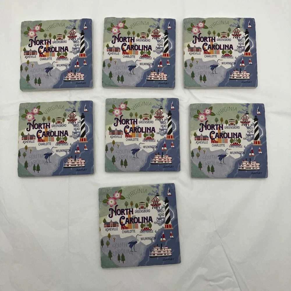 J. Brinley Coaster Set North Carolina Map 4in Blue Ceramic Cork Backing 7pc